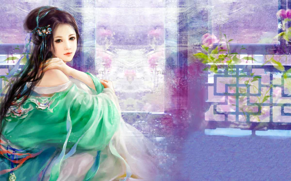 A serene fantasy scene featuring a woman in a flowing kimono, gazing out from a window adorned with floral accents, creating a captivating HD desktop wallpaper.