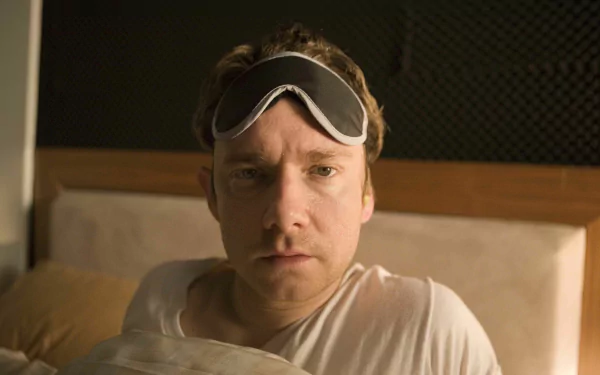 HD desktop wallpaper featuring a scene from The Good Night with actor Martin Freeman wearing a sleep mask on his forehead.