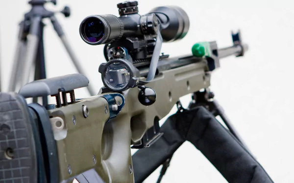 Close-up of a sniper rifle with a scope, showcasing detailed craftsmanship. This 4K Ultra HD image serves as an engaging desktop wallpaper and background for enthusiasts.