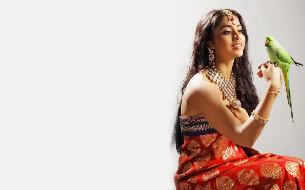 Shriya Saran poses gracefully in a vibrant traditional outfit, adorned with jewelry, sitting with a parrot. This captivating image serves as a stunning 4K Ultra HD desktop wallpaper.