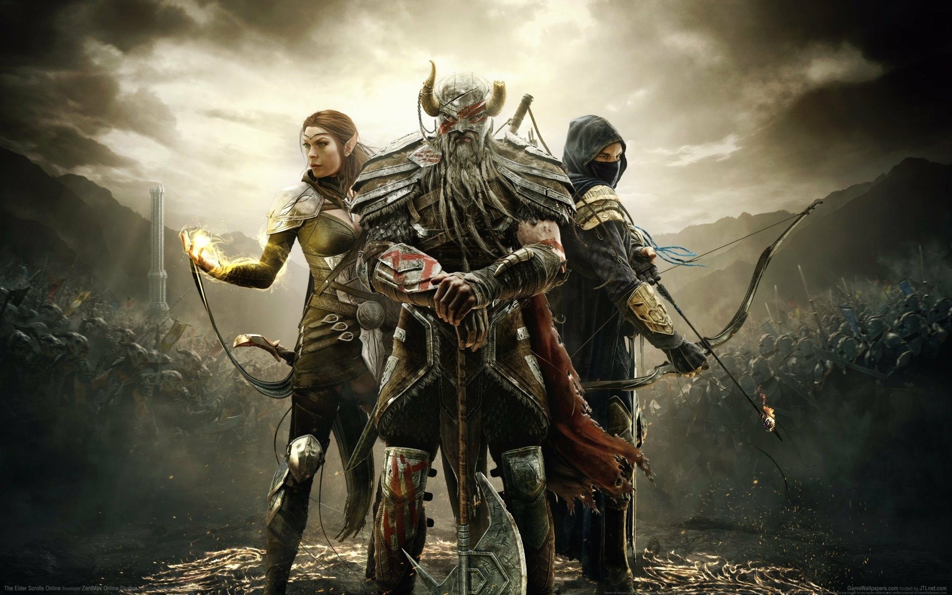 HD PC desktop wallpaper featuring three armored characters from the video game The Elder Scrolls Online, set against a dramatic, cloudy battlefield backdrop.
