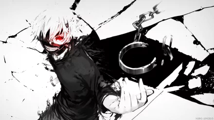 An HD wallpaper featuring Ken Kaneki from Tokyo Ghoul, showcasing a dynamic pose with his distinctive mask, set against a stark black and white background.