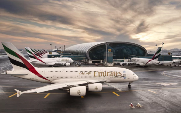 HD desktop wallpaper of Emirates Airbus A380 airplanes at an airport, with a modern terminal building and a dramatic cloudy sky in the background.