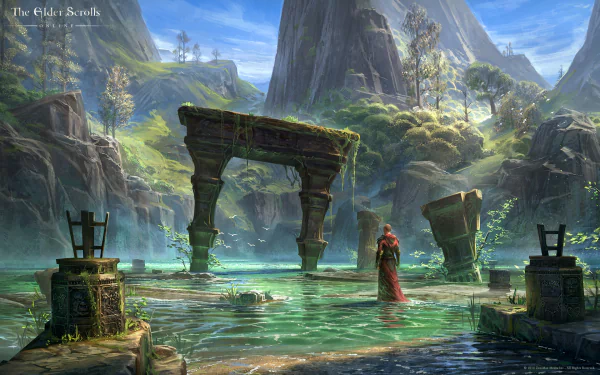An enchanting HD wallpaper from The Elder Scrolls Online, showcasing a tranquil landscape with ancient ruins surrounded by lush greenery and serene waters.