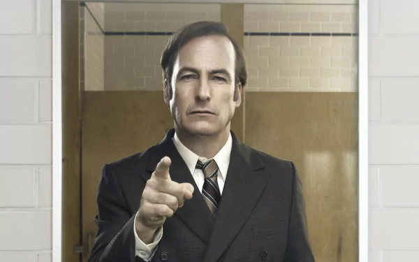 HD desktop wallpaper of Bob Odenkirk as Jimmy McGill from Better Call Saul, pointing towards the viewer.