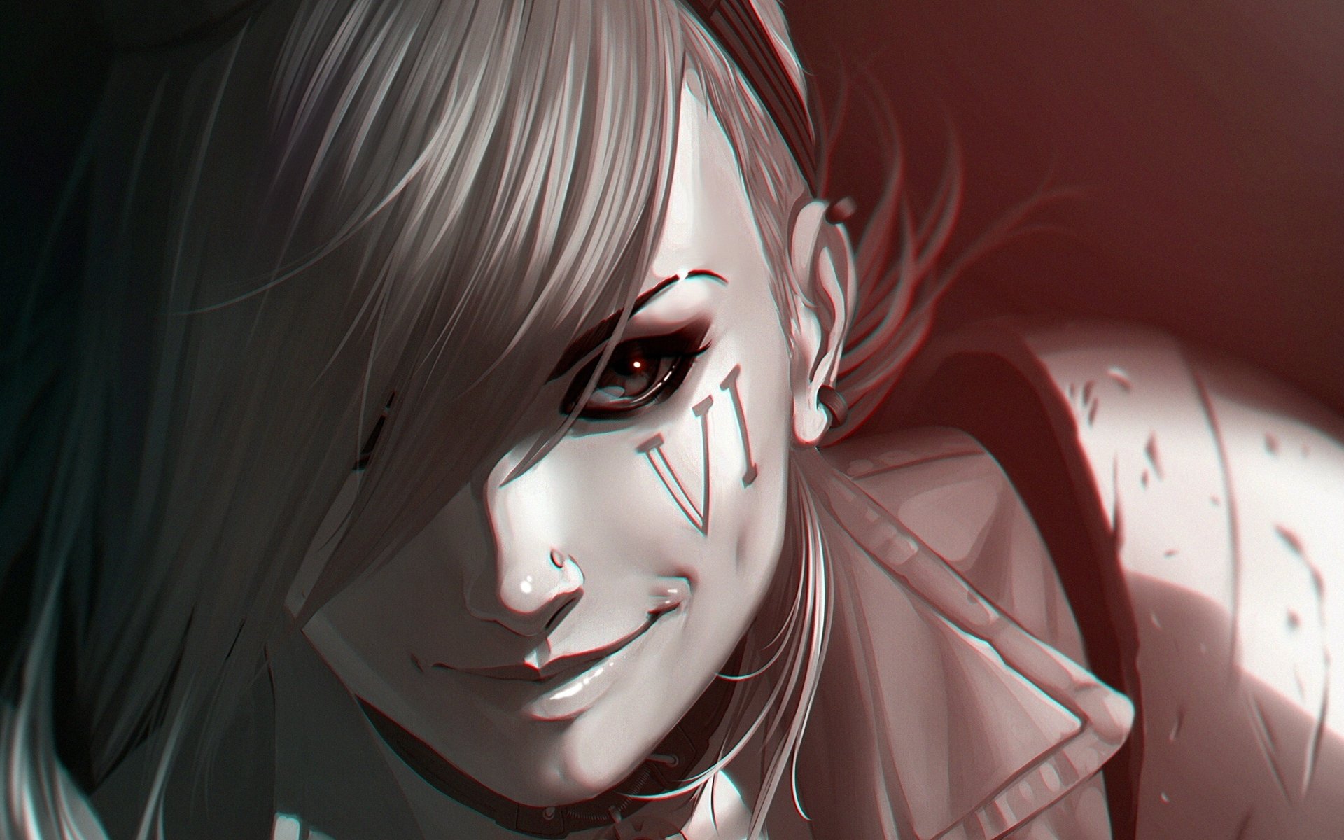 HD PC desktop wallpaper featuring Vi from League of Legends with a close-up, intense expression and the VI tattoo on her cheek in a dark, stylized design.