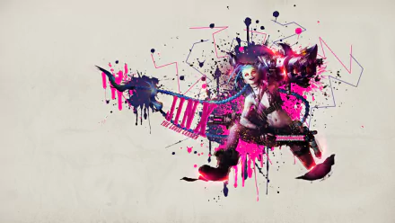 HD PC desktop wallpaper featuring Jinx from the video game League of Legends, surrounded by vibrant splashes of pink and black graffiti-style art.