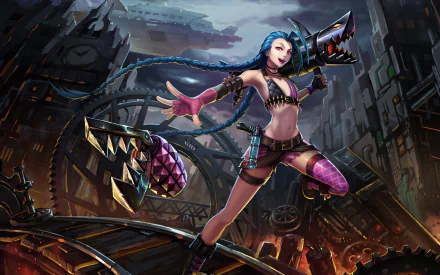 HD desktop wallpaper featuring Jinx from League of Legends, set in the Piltover & Zaun universe. Jinx is seen wielding her signature weapon in a dynamic, industrial-themed background.
