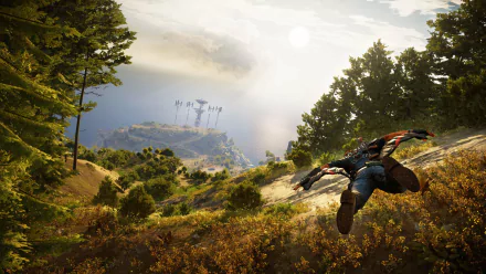 HD PC desktop wallpaper featuring Rico Rodriguez from the video game Just Cause 3 soaring over a lush, sunlit landscape.