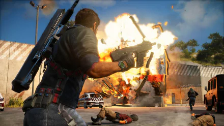 Rico Rodriguez from Just Cause 3 engages in an explosive battle scene, captured in this HD PC desktop wallpaper from the video game.