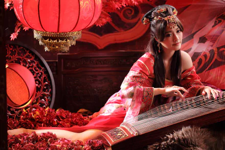 A woman in traditional Asian dress poses with a zither, surrounded by red lanterns and floral decor, creating an enchanting atmosphere in this vibrant 4K Ultra HD wallpaper.