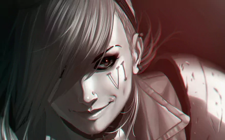 HD PC desktop wallpaper featuring Vi from League of Legends with a close-up, intense expression and the VI tattoo on her cheek in a dark, stylized design.