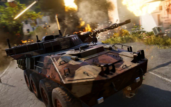 HD PC desktop wallpaper featuring intense action from the video game Just Cause 3, showcasing a heavily armored military vehicle in a fiery urban battle scene.