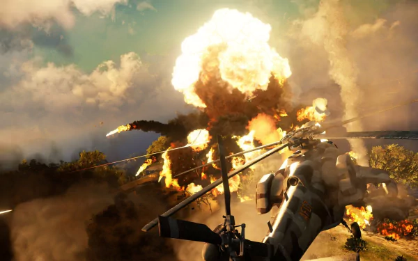 HD PC desktop wallpaper from the video game Just Cause 3, depicting a dramatic helicopter explosion with fiery clouds and a smoky battlefield.