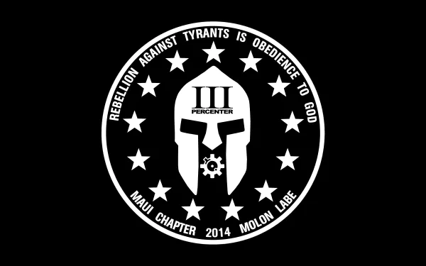 4K Ultra HD PC wallpaper featuring a Spartan helmet with III Percenter text, surrounded by stars and the phrase Rebellion Against Tyrants is Obedience to God, Molon Labe theme.