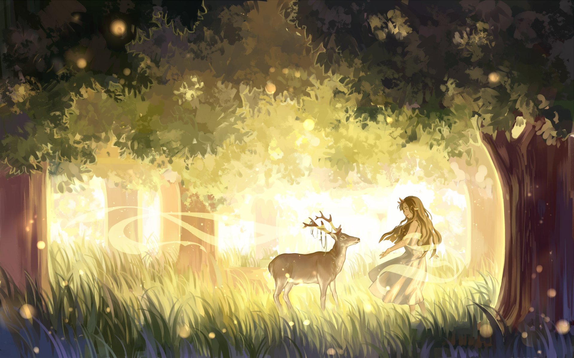 A serene anime scene featuring a girl with long brown hair in a flowing dress, interacting with a deer in a glowing forest, surrounded by nature's soft light.