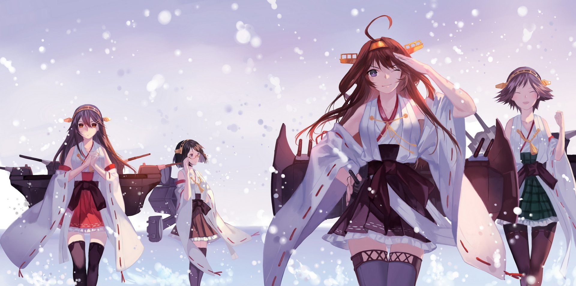 HD desktop wallpaper featuring characters Haruna, Kirishima, Hiei, and Kongou from Kantai Collection, walking confidently in a snowy landscape.