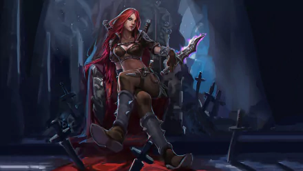 A stunning HD wallpaper featuring Katarina from League of Legends, depicted with long red hair, sitting confidently on a throne surrounded by swords in a dark, atmospheric setting.