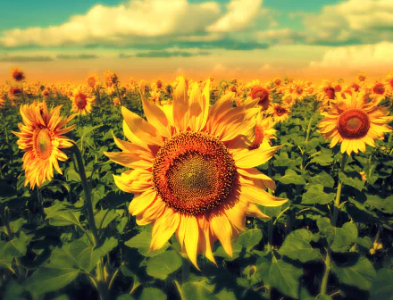 Vibrant sunflower field under a golden sky, nature 4K Ultra HD PC desktop wallpaper and background.