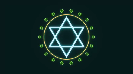 Abstract neon hexagram within a glowing ring, surrounded by small stars on a dark field — 4K Ultra HD PC desktop wallpaper and background.