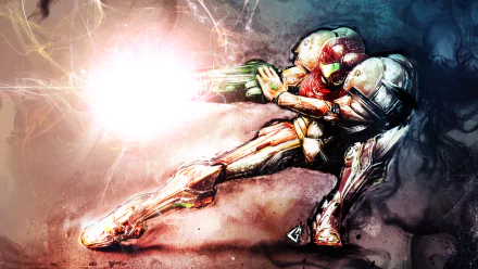 A dynamic HD wallpaper featuring a character from the Metroid video game series, poised in an action stance while firing an energy blast amidst vivid, abstract backgrounds.