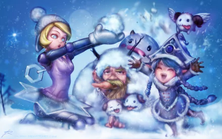 A colorful HD wallpaper featuring Lulu, Olaf, and Orianna from League of Legends, playfully interacting in a snowy landscape with whimsical snow creatures.