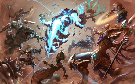HD desktop wallpaper featuring characters Xerath, Skarner, Sivir, Renekton, Kha'Zix, Cassiopeia, Nasus, Ezreal, Azir, and Amumu from League of Legends in a dynamic battle scene.
