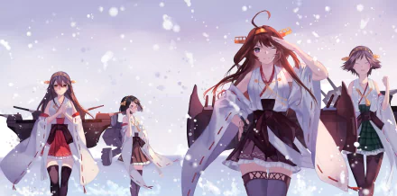 HD desktop wallpaper featuring characters Haruna, Kirishima, Hiei, and Kongou from Kantai Collection, walking confidently in a snowy landscape.