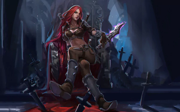 A stunning HD wallpaper featuring Katarina from League of Legends, depicted with long red hair, sitting confidently on a throne surrounded by swords in a dark, atmospheric setting.