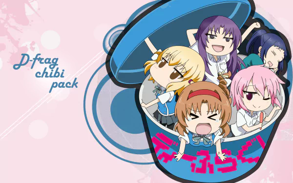 Chibi characters from D-Frag! include Minami Oosawa, Chitose Karasuyama, Sakura Mizukami, Roka Shibasaki, and Takao, all playfully bundled in a colorful can design.