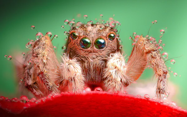 HD desktop wallpaper of a close-up jumping spider with detailed eyes and fuzzy legs, set against a vibrant green background.