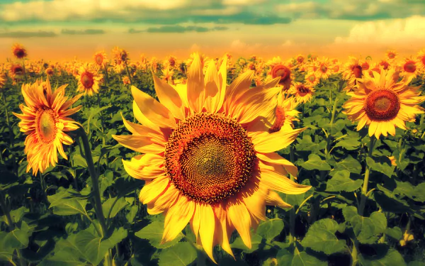 Vibrant sunflower field under a golden sky, nature 4K Ultra HD PC desktop wallpaper and background.