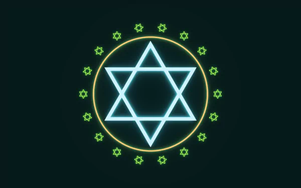 Abstract neon hexagram within a glowing ring, surrounded by small stars on a dark field — 4K Ultra HD PC desktop wallpaper and background.