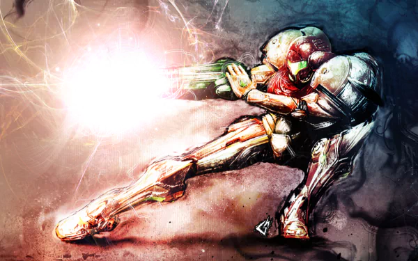 A dynamic HD wallpaper featuring a character from the Metroid video game series, poised in an action stance while firing an energy blast amidst vivid, abstract backgrounds.