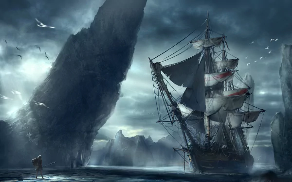 A 4K Ultra HD fantasy scene of a tall ship navigating icy waters near towering icebergs under a moody, stormy sky.
