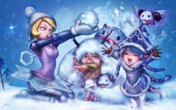 A colorful HD wallpaper featuring Lulu, Olaf, and Orianna from League of Legends, playfully interacting in a snowy landscape with whimsical snow creatures.