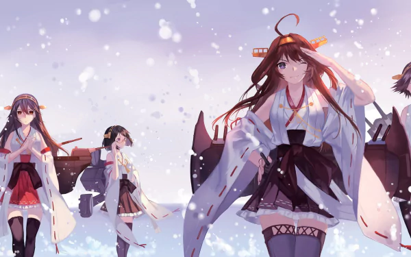 HD desktop wallpaper featuring characters Haruna, Kirishima, Hiei, and Kongou from Kantai Collection, walking confidently in a snowy landscape.