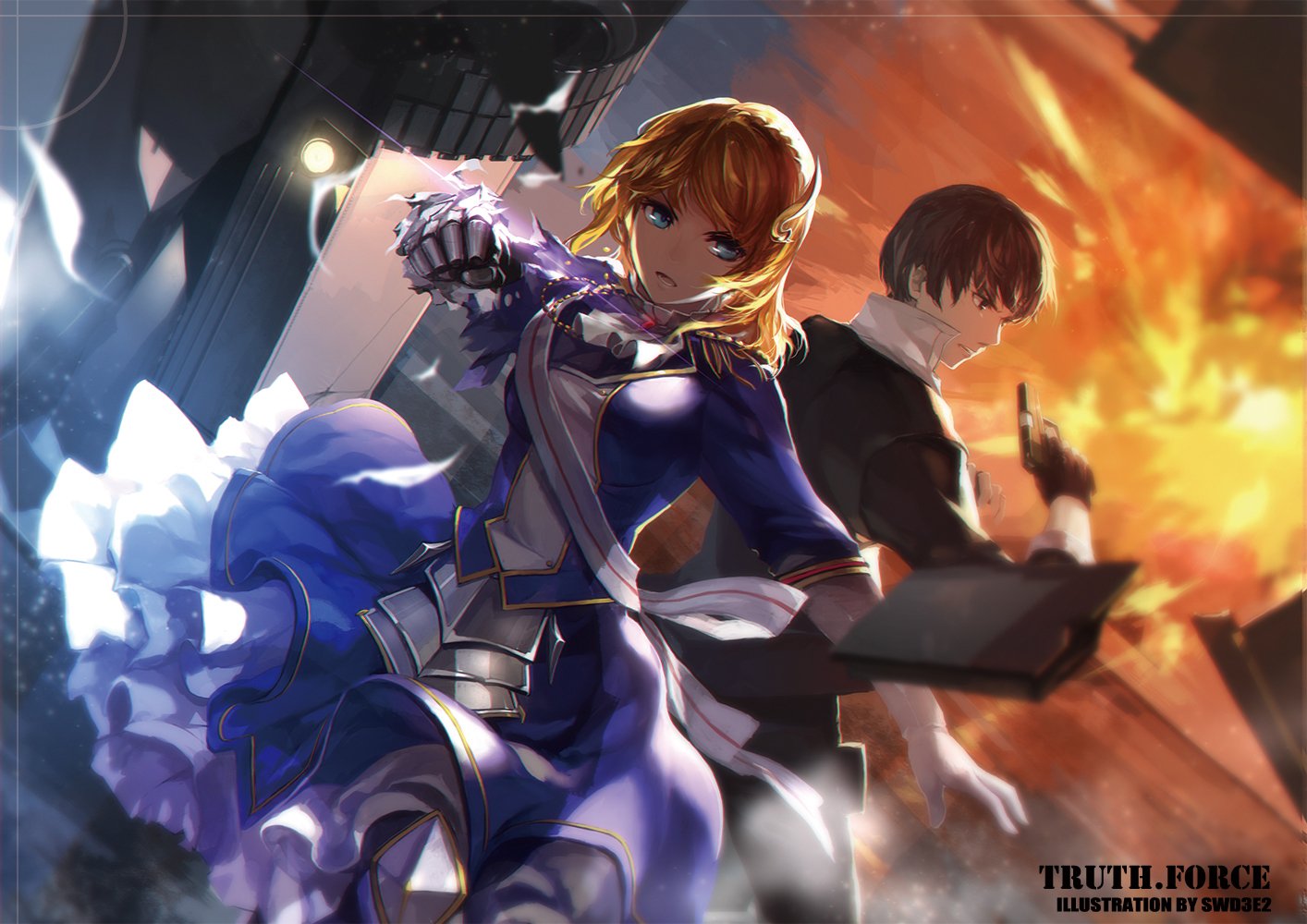Fate/Zero HD Wallpaper: Saber & Kiritsugu Amidst Explosive Battle by swd3e2