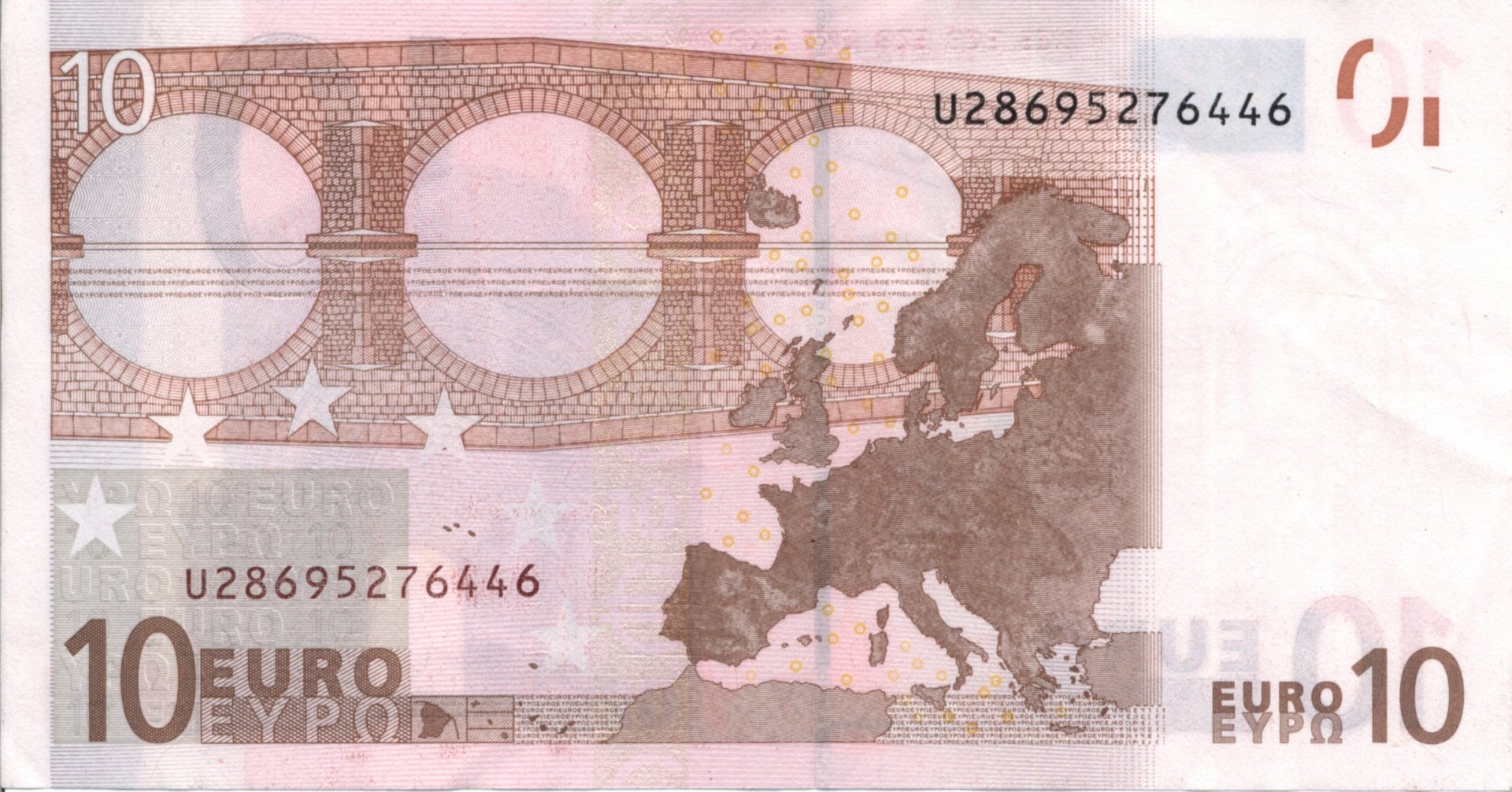 A detailed close-up of a 4K Ultra HD man-made Euro banknote, highlighting the European map and intricate architectural designs.
