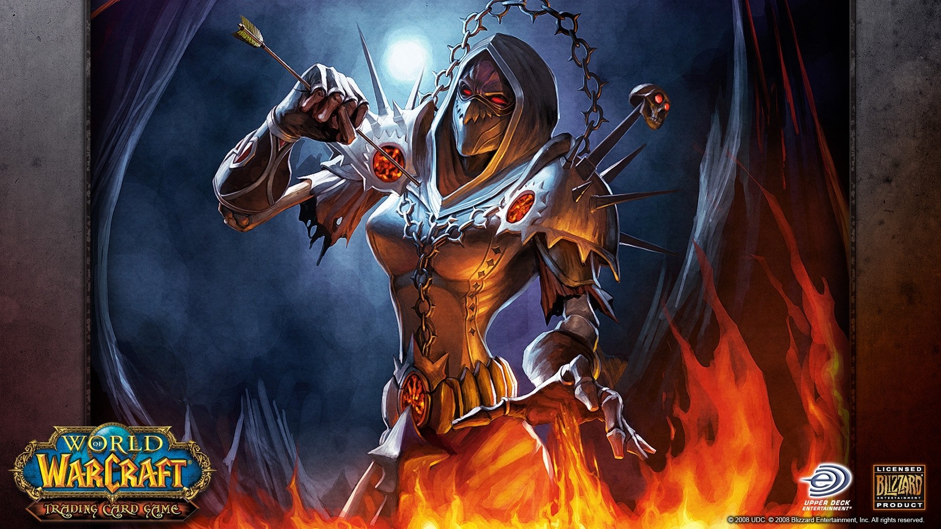 HD PC desktop wallpaper featuring a fiery, armored character from the World of Warcraft: Trading Card Game in a dark, intense setting.