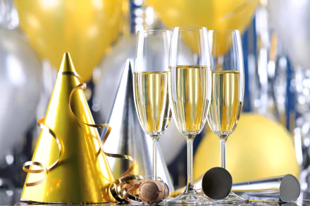 5K Ultra HD PC desktop wallpaper: New Year holiday scene with champagne flutes, gold balloons, party hats and confetti.