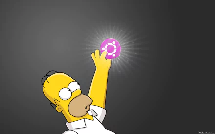 Homer Simpson from The Simpsons reaches up holding a glowing Ubuntu Linux logo on a dark gray background in this HD PC desktop wallpaper.