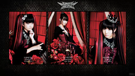 A striking HD wallpaper featuring the Japanese metal idol group Babymetal, showcasing members in elegant black attire against a backdrop of red roses and dramatic red curtains.