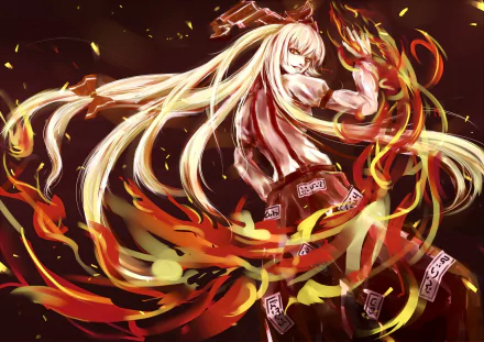 HD PC desktop wallpaper of Fujiwara no Mokou (Touhou, anime): long white‑haired fighter wreathed in swirling orange flames and embers against a dark red backdrop.