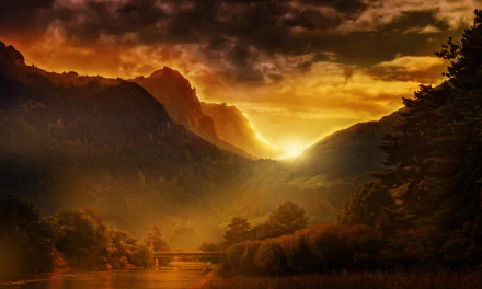 A breathtaking sunset over Swiss mountains, with golden sunbeams illuminating the valley, showcasing the beauty of nature in the evening sky. HD desktop wallpaper.