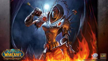 HD PC desktop wallpaper featuring a fiery, armored character from the World of Warcraft: Trading Card Game in a dark, intense setting.