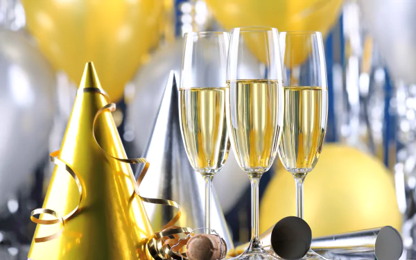 5K Ultra HD PC desktop wallpaper: New Year holiday scene with champagne flutes, gold balloons, party hats and confetti.