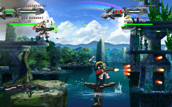 HD desktop wallpaper of 'Hard Corps: Uprising' featuring characters in action against a vibrant, scenic backdrop.