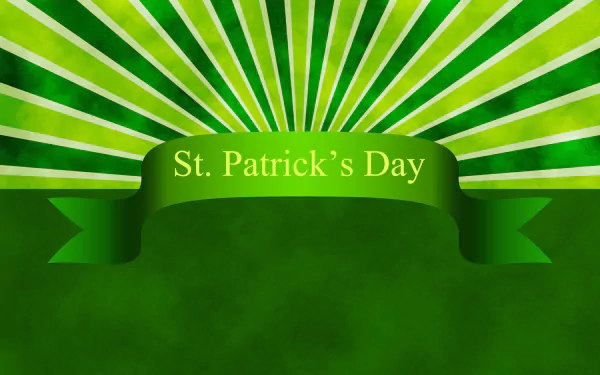 St. Patrick's Day holiday 2K Quad HD PC desktop wallpaper: green radial rays with a ribbon banner reading St. Patrick's Day over a textured green background.
