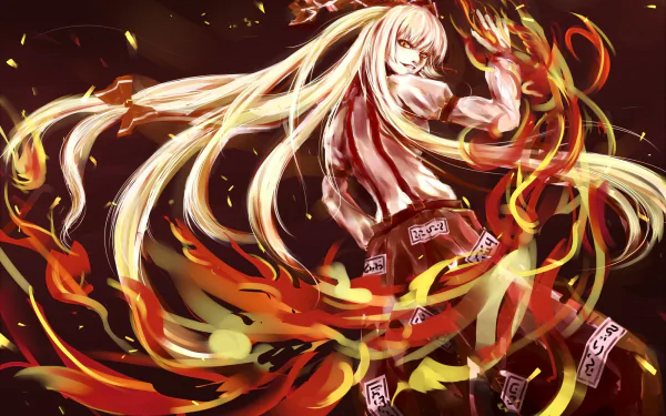 HD PC desktop wallpaper of Fujiwara no Mokou (Touhou, anime): long white‑haired fighter wreathed in swirling orange flames and embers against a dark red backdrop.